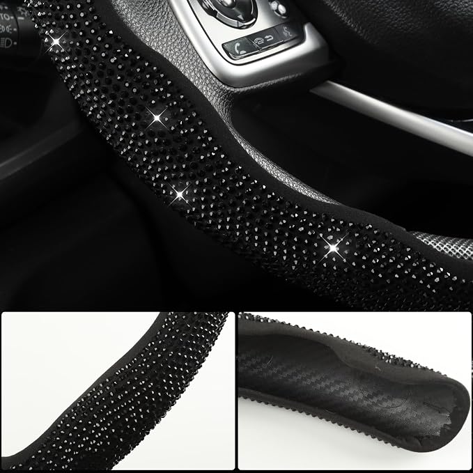 Diamond Bling Car Steering Wheel Cover with Crystal Rhinestones,3PCS Segmented Steering Wheel Protector,Universal for 99% Cars for Women(Black with Black Diamond)
