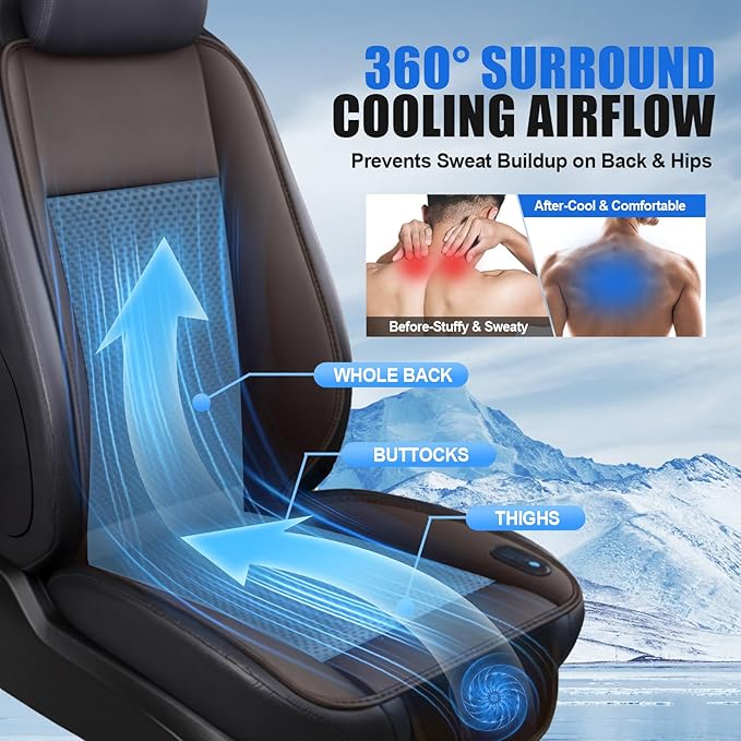 Cooling Car Seat Cushion – 3 Speeds Adjustable Ventilated Car Seat Cover for Cars Without AC, Breathable Automotive Cooling Seat Cover, 12V Plug & Play, Brown (1 Pack)