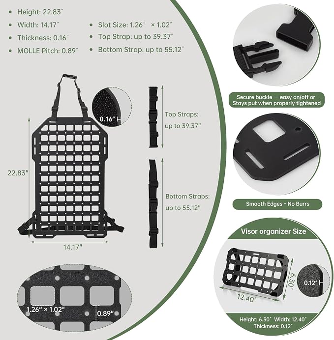 Tactical Car Seat Back MOLLE Panel with Sun Visor Organizer, Rigid ABS Engineering Plastic MOLLE Panel for Truck & SUV, Includes 1 Utility Pouch, Tactical Back Seat Car Organizer | Visor and seat back panels for organized front and rear storage of tool...