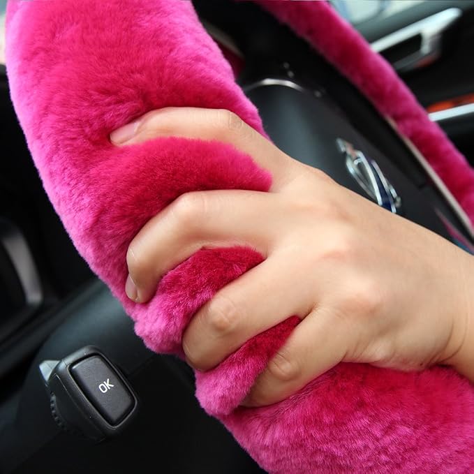 Soft Fluffy Sheepskin Car Steering Wheel Cover for Universal Auto Vehicle Women Man 14 1/2 inch-15 1/2inch Fuzzy Accessories (Alpine Green)