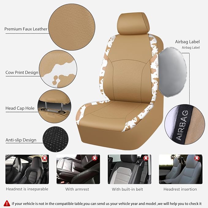 Cow Print Faux Leather Car Seat Covers & Cow Car Mats & Cow Steering Wheel Cover Seat Belt Pads Universal fit for SUV,Van,Saden,Truck Cute Car Accessories Automobile Interior Sets All Beige