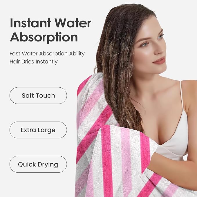 Microfiber Bath Towels,2 Pack(30" x 60"), Oversized, Soft, Super Absorbent, Fast Drying, Large Beach Towel Set for Sauna, Salon, Sports, Fitness, Yoga, Cabana Stripe Pink