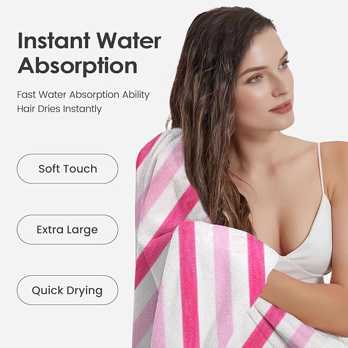 Microfiber Bath Towels Set of 4, Large Bathroom Towel for Adult, 30" x 60", Soft, Super Absorbent & Fast Drying, Use for Shower, Sauna, Sport, Fitness, Yoga, Cabana Stripe Pink