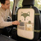 Juju Car Seat Back Protector – Padded Kick Mat with Sleepy Fox Face – Two Mesh Storage Pockets – Wipe-Clean Panel with Adjustable Straps for Backseat