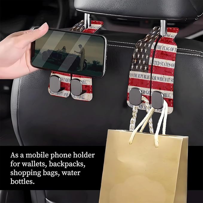 Car Seat Headrest Hook, Universal Leather Cute Hanger Holder Hook, Storage Organizer Interior Accessories for Purse Bags Handbag Retro American Flag