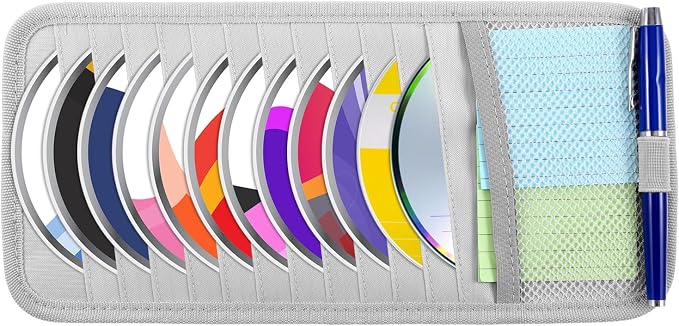 Trinkrittey Gray Car CD Case Holder Vehicle Sun Visor Organizer Vehicle Visor Storage Orangizer Large Capacity CD Visor Case with 12 DVD Storage Sleeves 1 Mesh Pocket 1 Pen Holder and Elastic Strap