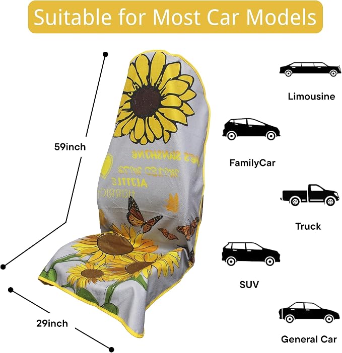 Waterproof Car Seat Cover for Front Seats, Protector for Cars SUVs Trucks, Sweat Towel Seat Covers Bucket for Gym,Workout,Beach,Hiking,Running and Swimming (Sun Flower, 2PCS)