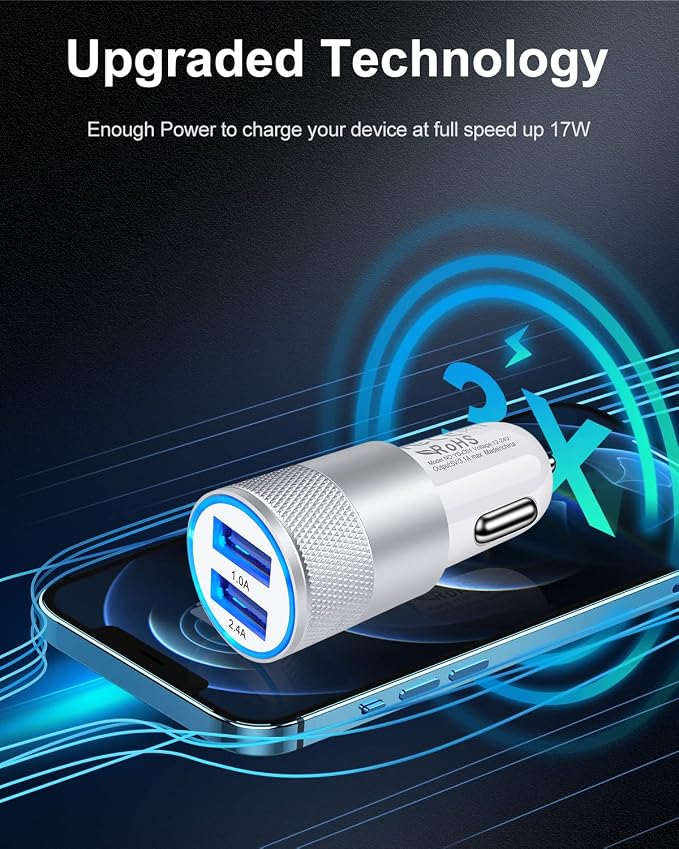 Car Charger, 3.4a Portable Dual Port 12V USB Cargador Carro Lighter Adapter | Cig Socket Adapter for iPhone 17e 17 16E 16 15 14 13 Pro Max Plus, iPad, Tablet, Samsung Galaxy Cigarette Auto Charge