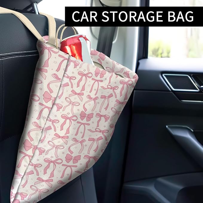 Car Trash Can, Cute Car Trash Bag, Hanging Car Organizer and Storage Bag, Trash Bin for Car Accessories, Vehicle, Travelling, Camping Cute Pink Bow