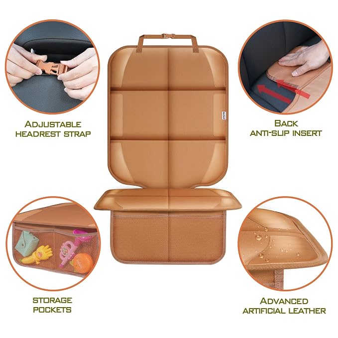 Car Seat Protector for Child Car Seat, Durable 600D Fabric Waterproof Car Seat Cover with Thick Pad Non-Slip Backing，No Imprints (Tan-2 pcs)
