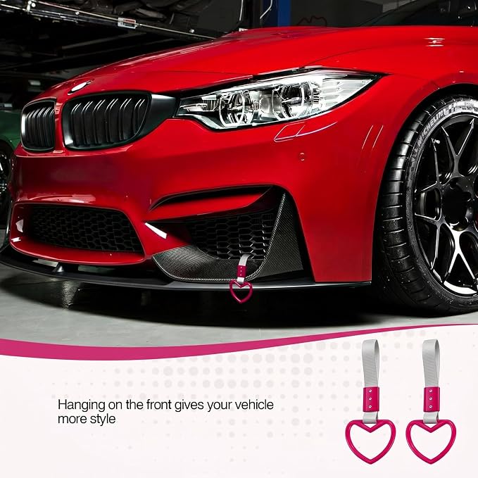 2PCS Heart Shaped Car Handle Straps, Rear Bumper Warning Keychain Ring for Car Exterior Accessories (Hot Pink-Silver)