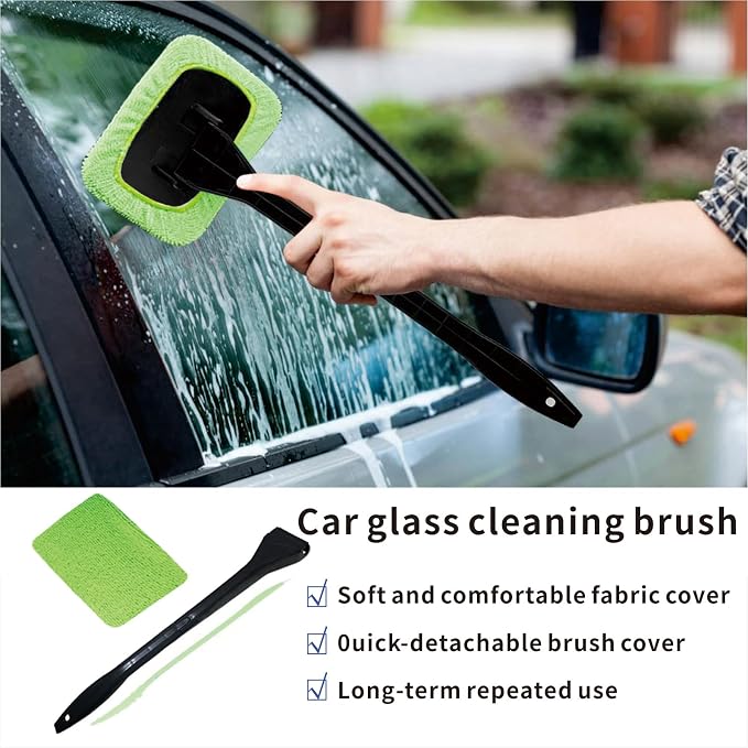 8pcs Car Windshield Cleaning Tool, Windshield Cleaner with with 5 Little Microfiber Pads that can be Washed/reused, Window Cleaner Tool, for Auto Glass Wiper (Green 01)