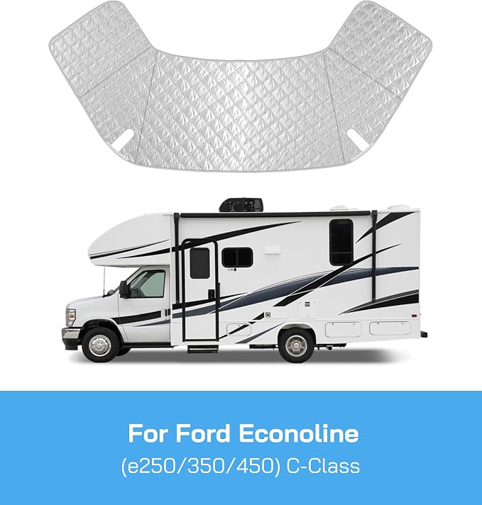 RV Windshield Cover for Ford E450,E350,E250,Econoline,Club Wagon 1997-2025 Motorhome, Class C RV Front Window Sunshade for UV Protection & Privacy Shield, White with Mirror Cutouts