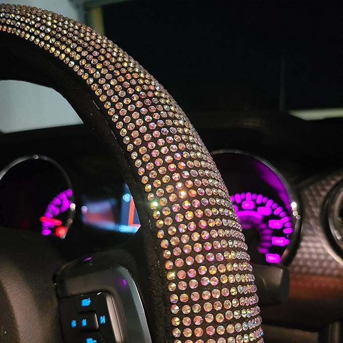 Car Bling Steering Wheel Cover for Women Girls 15 Inch Universal Colorful Crystal Rhinestone Diamond Rainbow Bling Accessories Anti Slip Wheel Protector Sparkling, Black