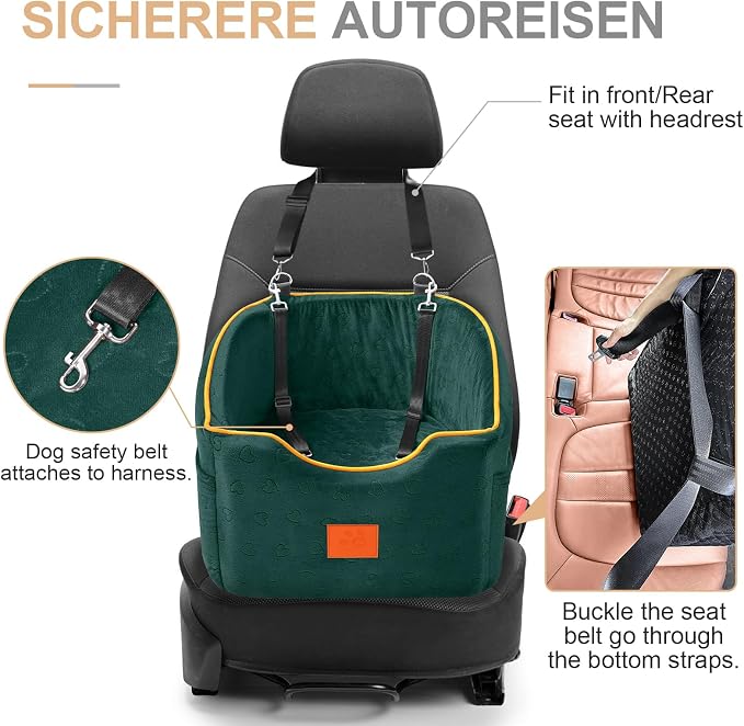 Dog Car Seat for Small Dogs, Memory Foam Booster Dog Seat for Dogs up to 35 lbs, Elevated Pet Car Seat, Travel Safety Pet Seat with Washable Removable Cover, Storage Pockets (Green)