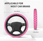 Checkered Hot Pink 3-Pc Car Set : Steering Wheel Cover + 2 Pc Car Coasters | neoprene Non-Slip Breathable Elasticity Universal 14.5 -15.5 Inch Car with Suitable Men Women