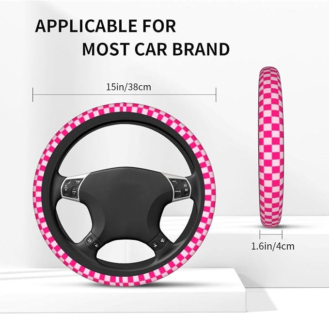 Checkered Hot Pink 3-Pc Car Set : Steering Wheel Cover + 2 Pc Car Coasters | neoprene Non-Slip Breathable Elasticity Universal 14.5 -15.5 Inch Car with Suitable Men Women