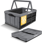 Collapsible Shopping Basket 32L – Folding Grocery Basket with Handles, Stackable Reusable Storage Crate with 35 lb Capacity, Recycled Plastic, Car Trunk Organizer - Stone Gray