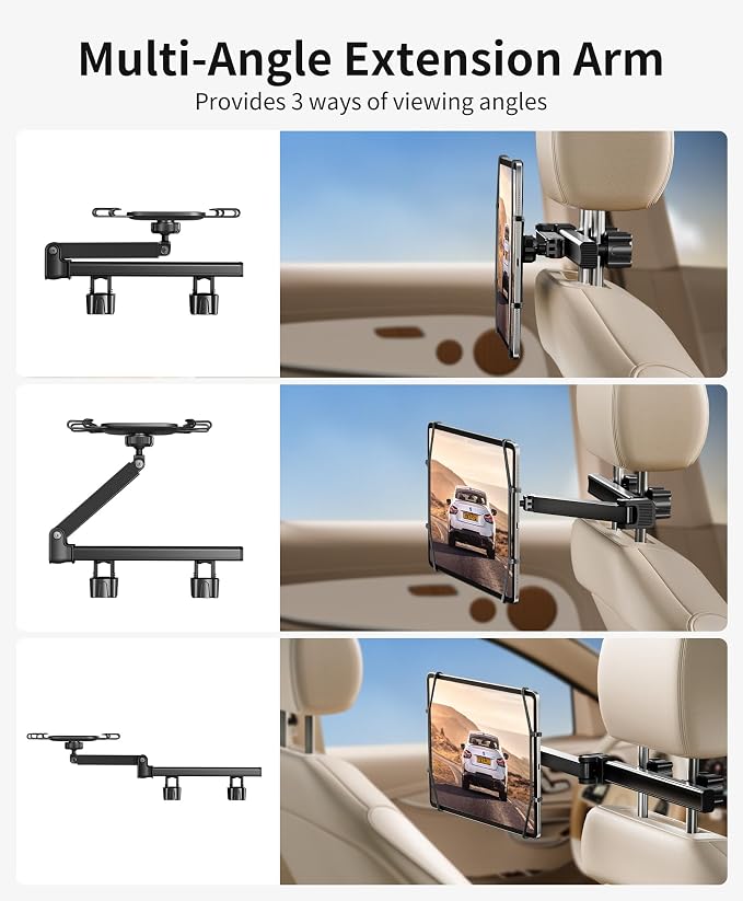 Tablet Holder for Car - [3 in 1 Adjustable Extension Arm] Upgraded iPad Holder for car Backseat with Holding Net, Road Trip Essentials for Kids, for 4.7-13" iPad Pro, Air, Mini, Fire HD, Phone