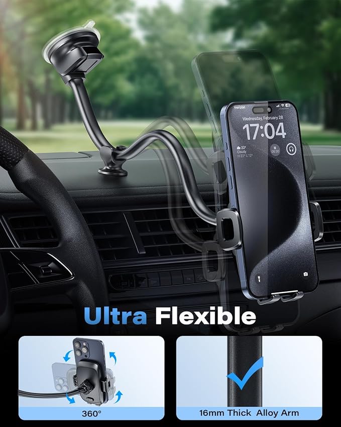 Solid Car Truck Phone Mount Holder with 14-Inch Gooseneck Long Arm, Windshield Window Mobile Holders w/Industrial-Strength Suction Cup, Anti-Shake Stabilizer Compatible All Cell Phones iPhone