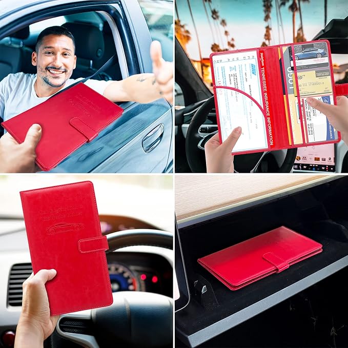 Car Registration and Insurance Holder, Leather Car Glove Box Organizer, Cool Car Accessories for ID, Driver's License Cards & Essential Document, Men&Women, Red