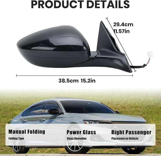 Right Passenger Side Mirror Compatible with Honda Accord LX Sport 1.5T 2018-2025 Power Glass | Non-Heated | Paint to Match Repalces HO1321328 76208-TVA-A02 (3Pins-Black)