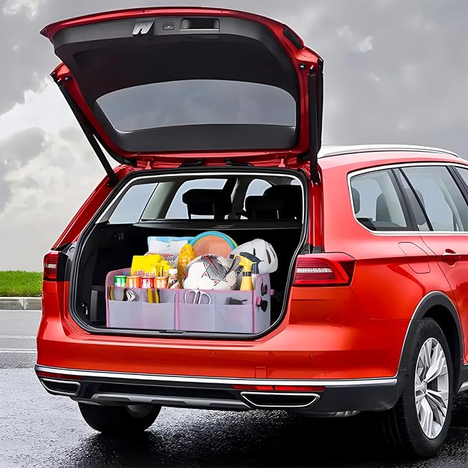 Trunk Organizer For Suv&Sedan,Car Organizers & Storage, Waterproof Collapsible & Adjustable Straps,70L Sturdy Car Organization for Car Accessories,Tools,Sundries,2-3Compartment(Colorful Pink)