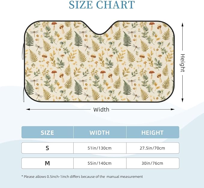 Windshield Sun Shade Mushroom Botanical Leaf Vintage Car Front Window Sunshade Cover for Truck SUV Blocks UV Rays Automotive Visor Interior Protector 51 x 27.5 inch