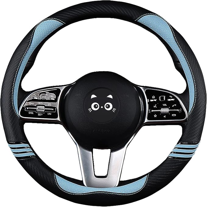 Cute Steering Wheel Cover for Women, Carbon Fiber&Breathable Pu Leather with Anti-Slip Rubber Ring, Steering Wheel Protector for Men, Universal Fit 14.5-15 inches for Cars,SUV (Cool Blue)