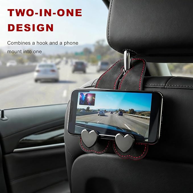 2 PCS Car Seat Headrest Hook, Suede Heart Shape Auto Double Seat Back Purse Storage Hook, Cute Backseat Organizer Universal Bag Holder Most Vehicles, Car Accessories (Black)