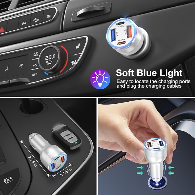 USB C Car Charger, 65W 4 Port Dual 12V USB C & USB A Car Cigarette Lighter Adapter QC/PD 30W Fast Charge Car Phone Charger for iPhone 16 15 14 13 12 iPad Pro,Samsung,Pixel(Silver)