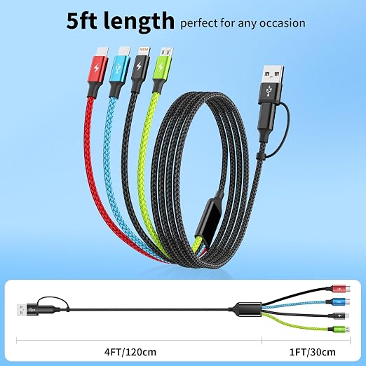 4 in 2 Multi Charging Cable, 2 Pack 5FT Dual Input Charging Cords | USB A & USB C Inputs with Dual USB C, IP & Micro Outputs, Travel Essentials, Phone Charger for Multiple Devices