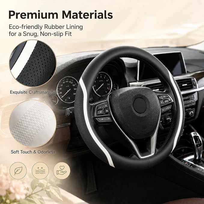 Steering Wheel Cover Black and White Leather Universal 14.5-15 inch | Car Steering Wheel Covers with Coasters Breathable Anti-Slip Durable Steering Wheel Accessories Set for SUV Truck Van