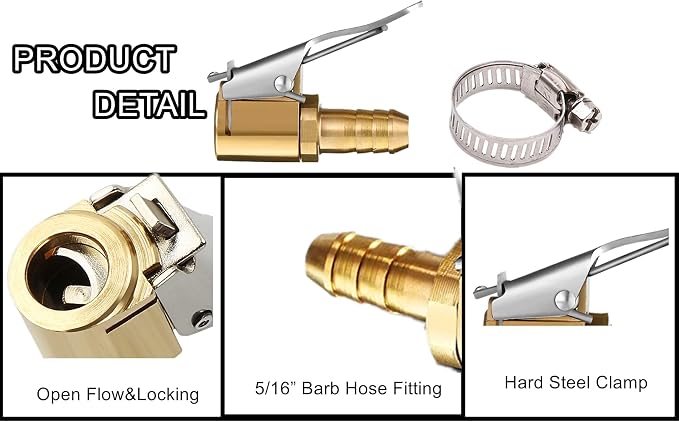 Tire Air Chuck Adapter with Clip,5/16" Brass American Type Thread Pump Nozzle，tire Inflator Lock on Air Chuck, Air Compressor Tire Chuck Hose End with Barb Connector for Hose Repair 1PC