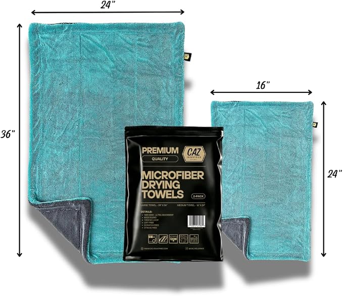 Microfiber Drying Towels (2-Pack) – 1400 GSM Twisted Loop, Large 24"×36" + Medium 16"×24" – Ultra Absorbent, Streak-Free, Scratch-Free Car Drying Towels