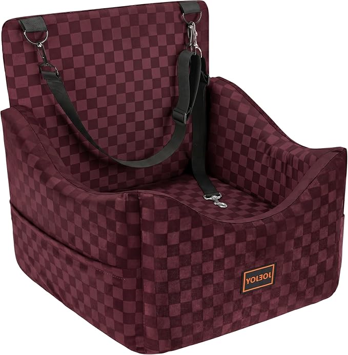 Elevated Dog Car Seat for Small/Medium Dogs up to 36 lbs, Memory Foam Booster Seat with Detachable Washable Cover, Travel-Safe Car Bed with Safety Belts & Storage Pockets, Red