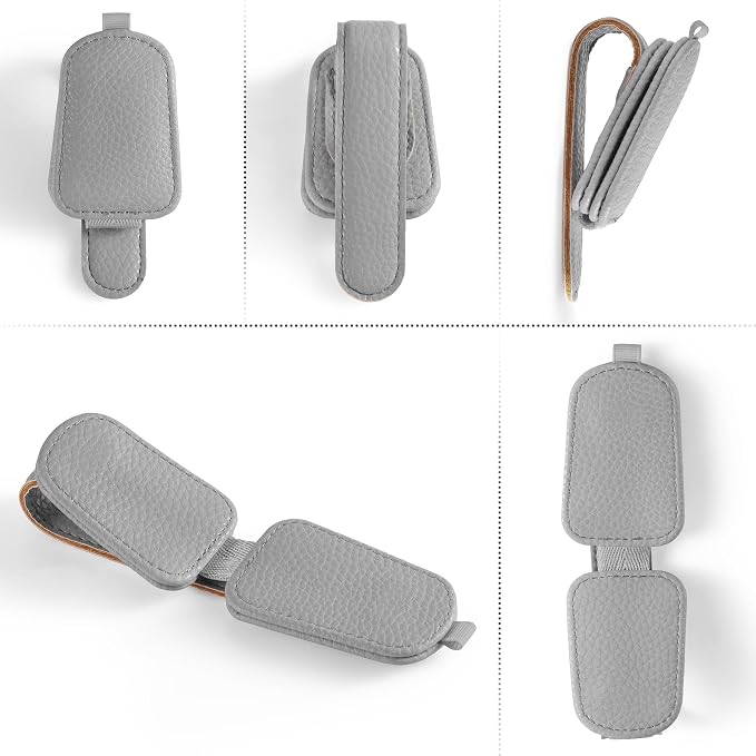 Sunglasses Holder for Car, Leather Magnetic Buckle Sun Visor Sunglass Clip, Ticket Card Storage Glasses Clip, Car Interior Accessories for Men and Women（2PCS Gray）