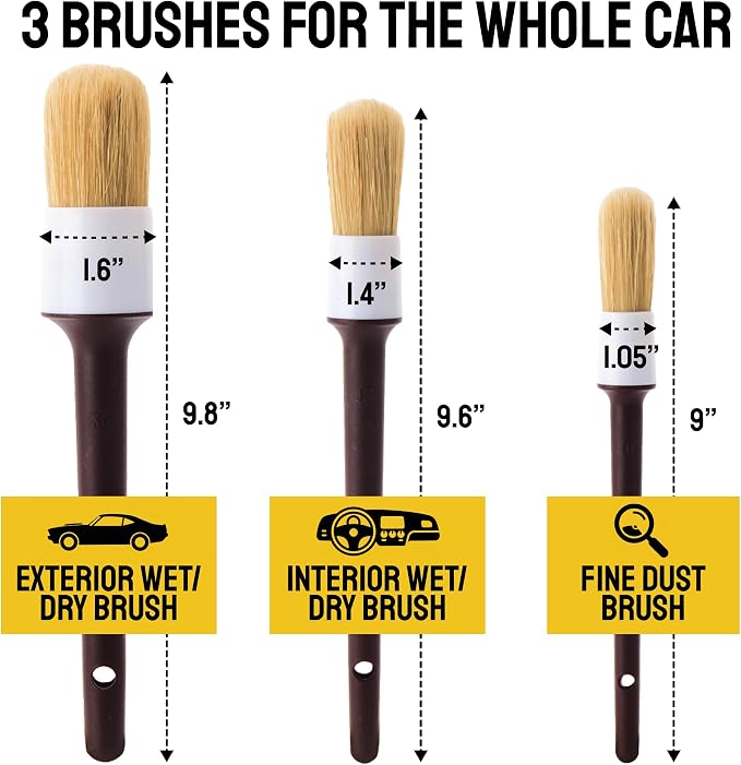 Car Detailing Brush Set 3-Pack, Interior and Exterior, | Scratch-Free Boars Hair - Exterior & Interior Cleaning Brushes - Safe for Leather, Piano Black Trim, Dashboards & Wheels