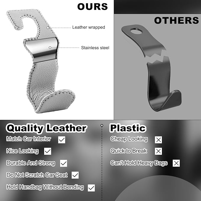 Car Seat Hooks for Purses and Bags, 2 Pack Car Purse Holder for Grocery Bag Handbag Clothes, Metal Headrest Hooks Covered by Leather, Gray
