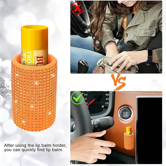 Upright Car Chapstick Holder, Bling Insulating Lip Balm Holder,Rhinestone Car Accessories for Women Interior,Suitable for Most Vehicles. (Orange)