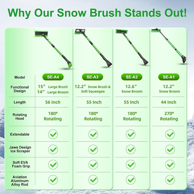 56 Inch Truck Snow Brush Scraper Long Handle, Heavy Duty Extendable Snow Broom for SUV, Windshield Ice Scraper with Foam Grip for Car Automobile Vehicle Window - Green