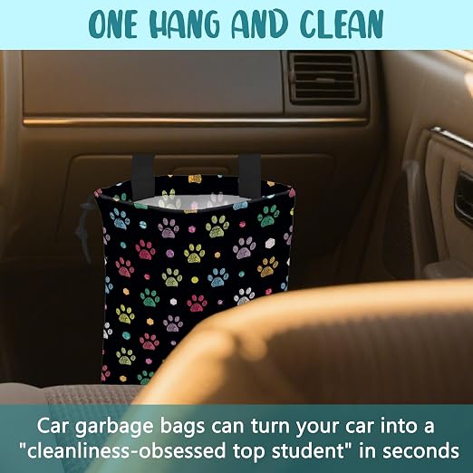 Car Garbage Bag Colorful Paw Prints and Diamond Drawstring Car Trash Bag Hanging for Back Seat with Adjustable Buckle Canvas Vehicle Trash Can Easy-to-Install
