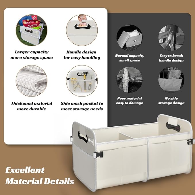 Trunk Organizer for Car - 70L Collapsible Trunk Storage with 11 Pockets & Reinforced Handles, SUV Trunk Organizers for Grocery Cargo(White)