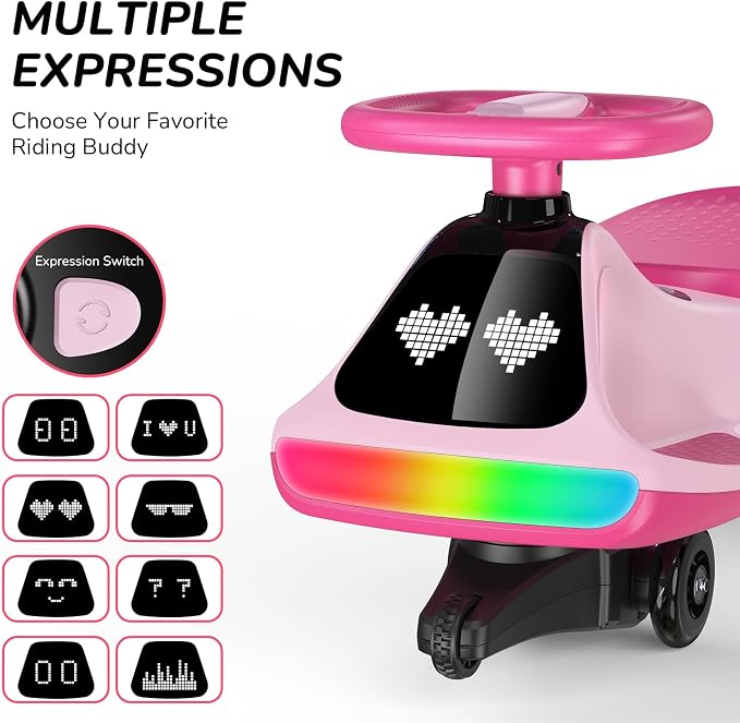 12V Electric Wiggle Car for Kids with Pedal, Display, Rechargeable Battery, LED Light, Bluetooth, Light-Up Wheels, Anti-Rollover, 2 Speeds, Ride on Toys, Birthday Gifts for Age 3+, 150Lbs