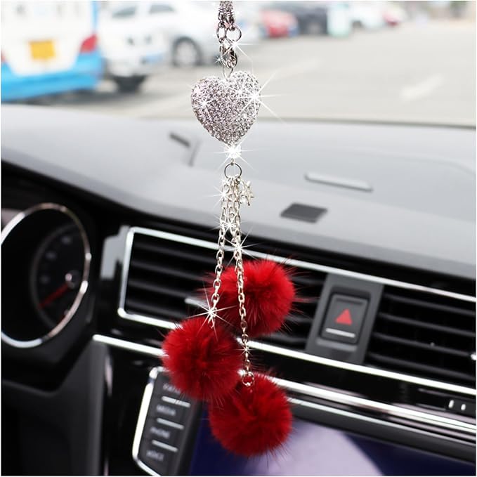 Bling Diamond Heart Car Interior Accessories, Car Mirror Hanging Ornament for Women, Love Heart & Pink Plush Ball Decor Ornament Pendant (Wine Red)