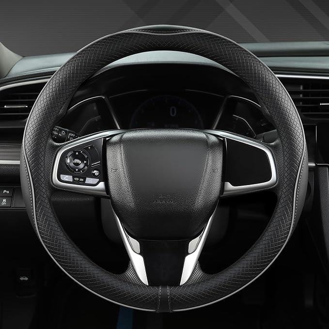 Microfiber Leather Car Steering Wheel Cover for Honda Accord Civic CR-V HR-V Pilot Fit Passport Odyssey,Sport Style,14.5-15 inch (Black+Gray Line-Standrad Size)