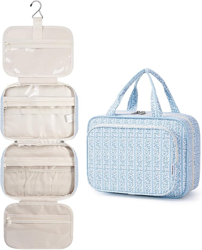 Travel Toiletry Bag for Women Large Hanging Makeup Bag Organizer Toiletries Bag for Full Size Essentials Accessories Cosmetics (Blue Flower Buds (Large))