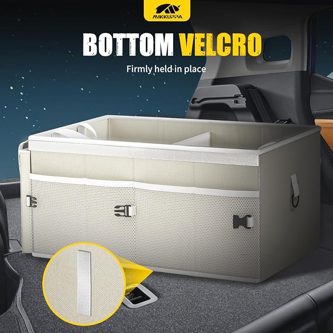 Car Trunk Organizer - 65L Collapsible Trunk Organizer with Lid, Sturdy Car Storage for SUV Auto Truck Van with Adjustable Straps and Non Slip Bottom (White)