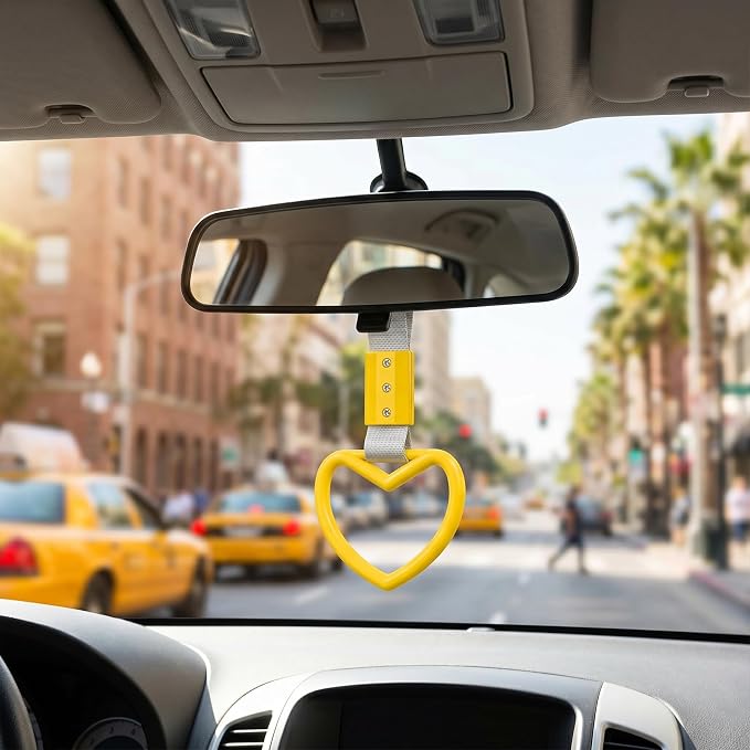 2 Pcs Heart Shaped Car Handle Strap – JD M Drift Charm Rear Bumper Warning Ring Decor for Car Interior Exterior, Subway Bus Handle Accessory, Cute Heart Car Decor Gift for Drivers (Yellow-Silver)