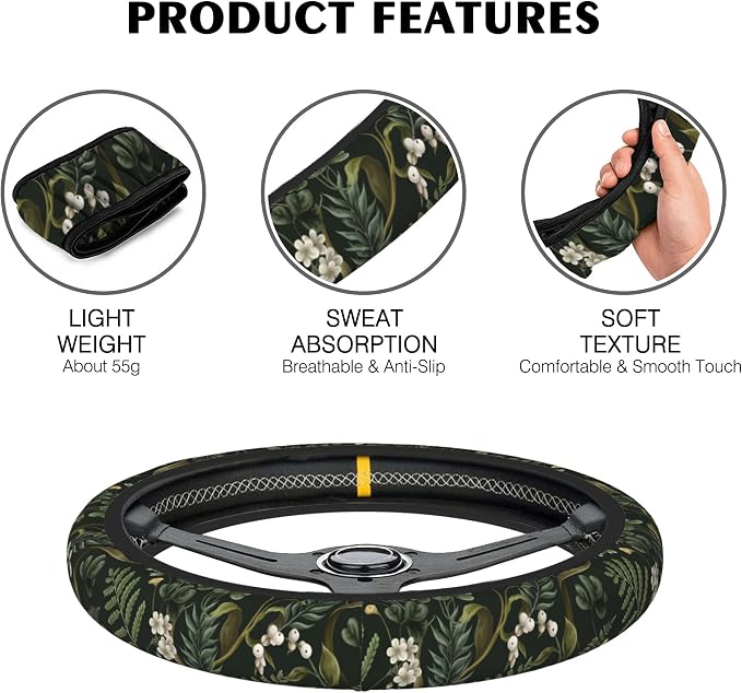 Tropical Flowers Steering Wheel Cover,Berries and Leaves Elastic Non-Slip Steering Wheel Protector,Auto Interior Decor for Women Girls,Universal 15" Fit for Sedans,Trucks